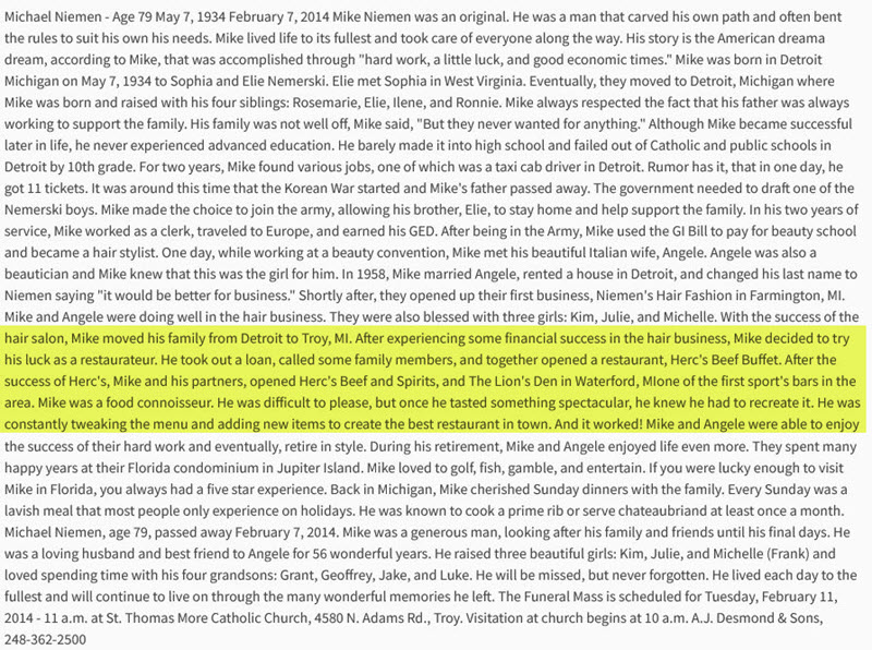 Hercs Beef Buffet - 2014 Obituary For Michael Niemen (newer photo)